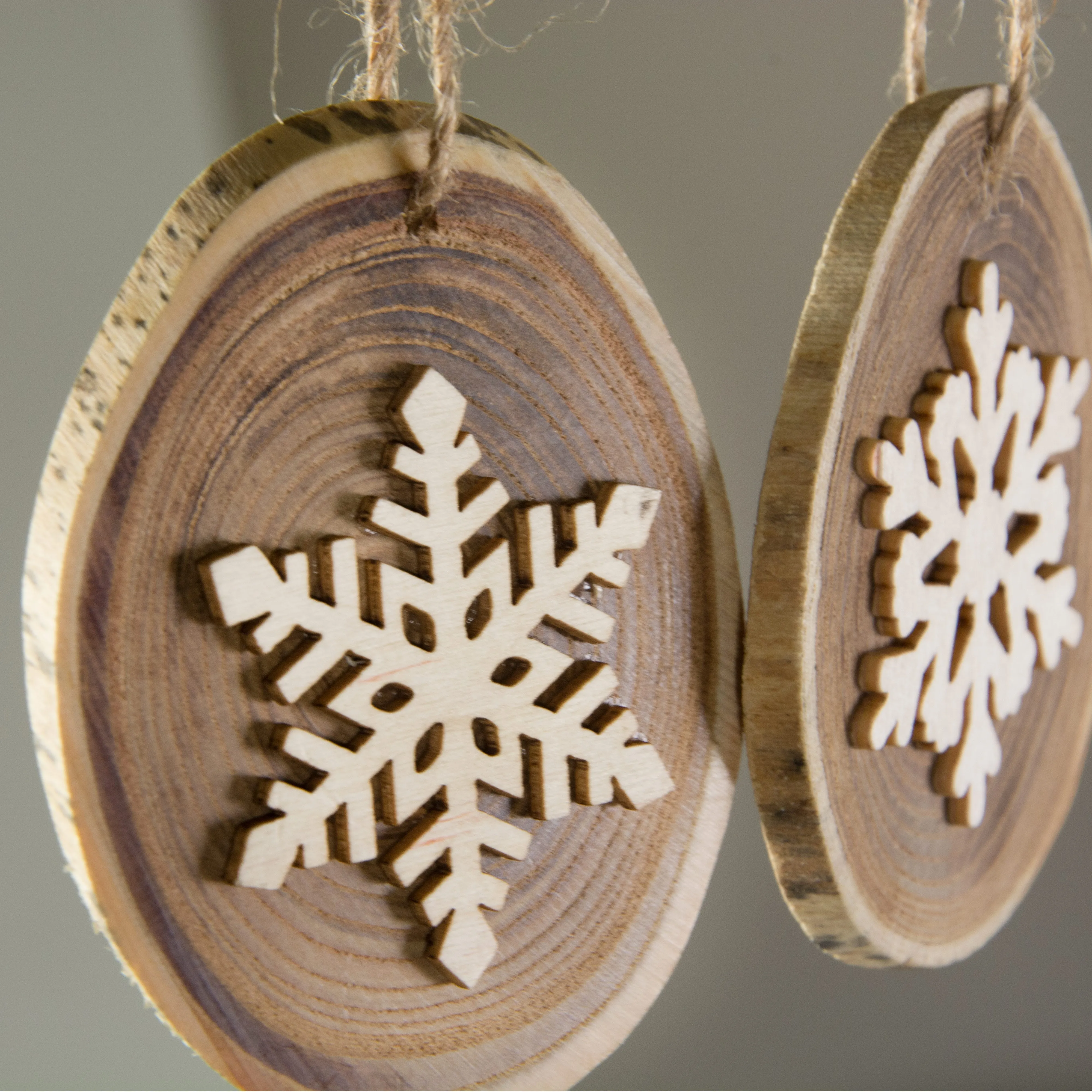 3" Holiday Wood Slice Ornaments with Snowflakes (Set of 3)