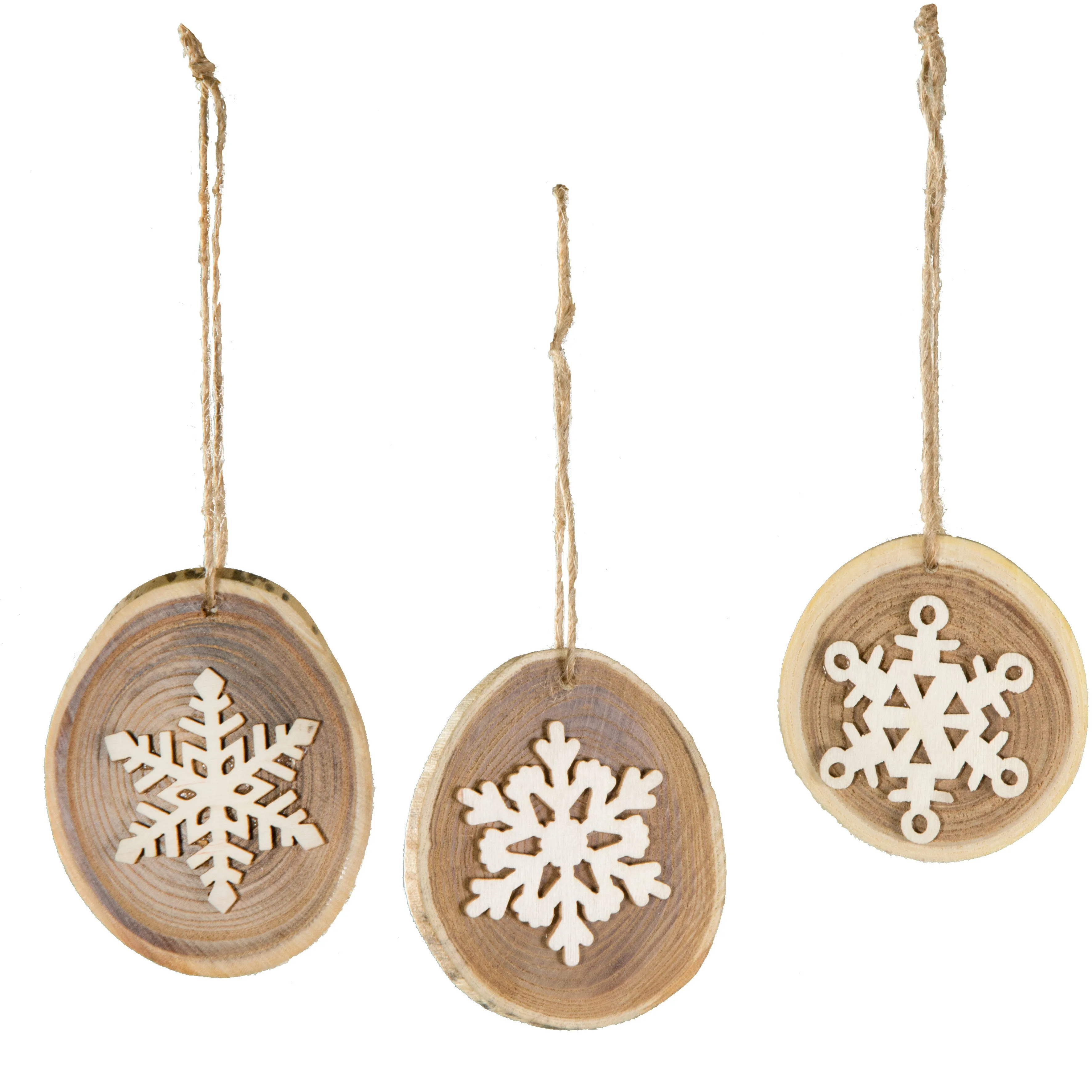3" Holiday Wood Slice Ornaments with Snowflakes (Set of 3)