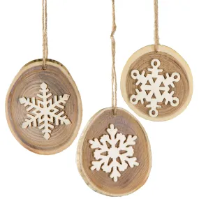 3" Holiday Wood Slice Ornaments with Snowflakes (Set of 3)