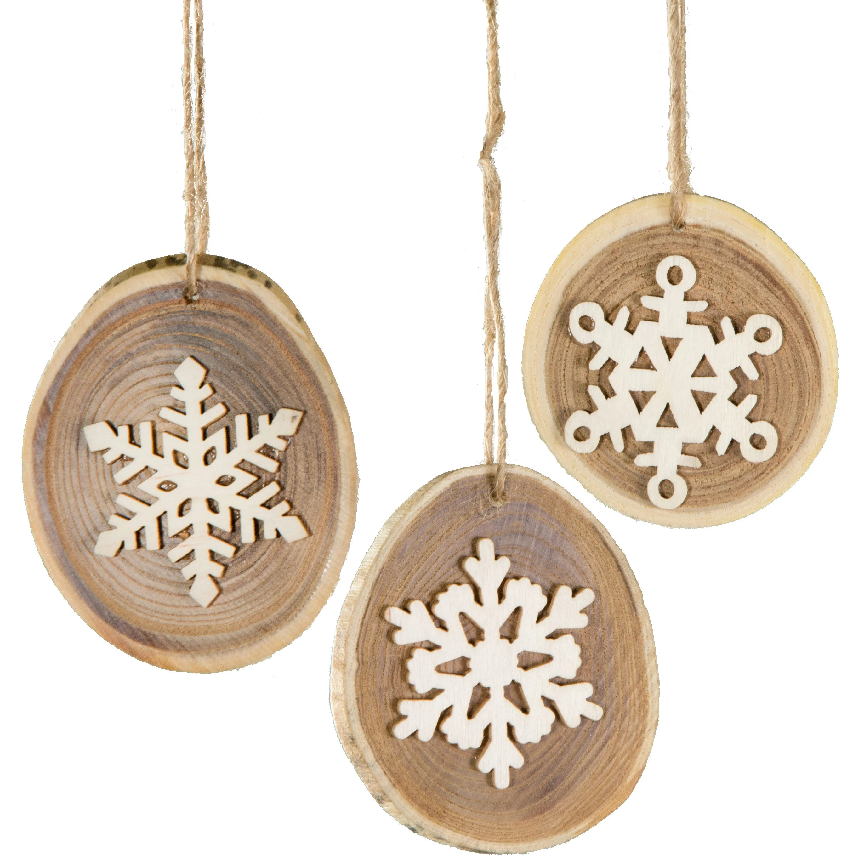 3" Holiday Wood Slice Ornaments with Snowflakes (Set of 3)