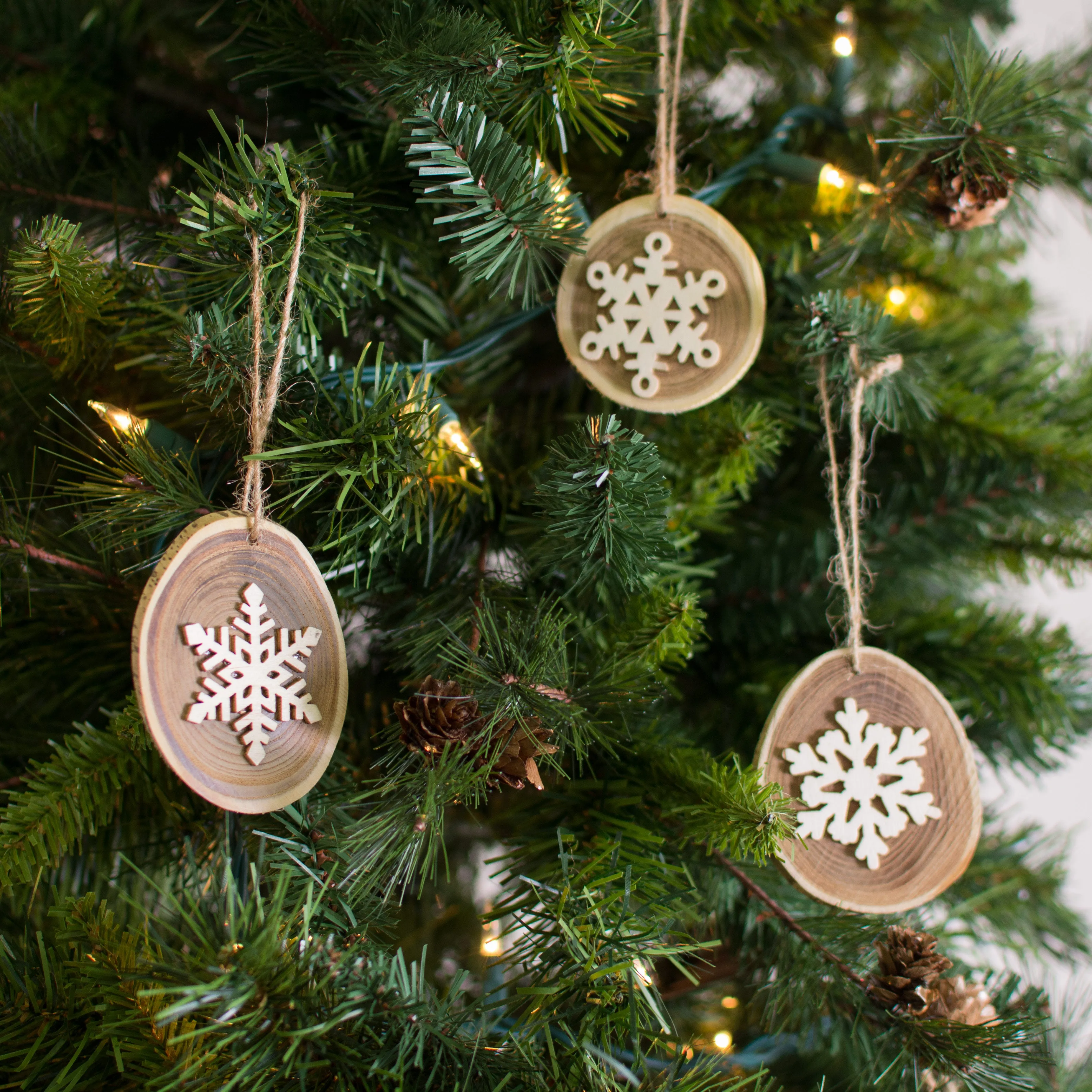 3" Holiday Wood Slice Ornaments with Snowflakes (Set of 3)