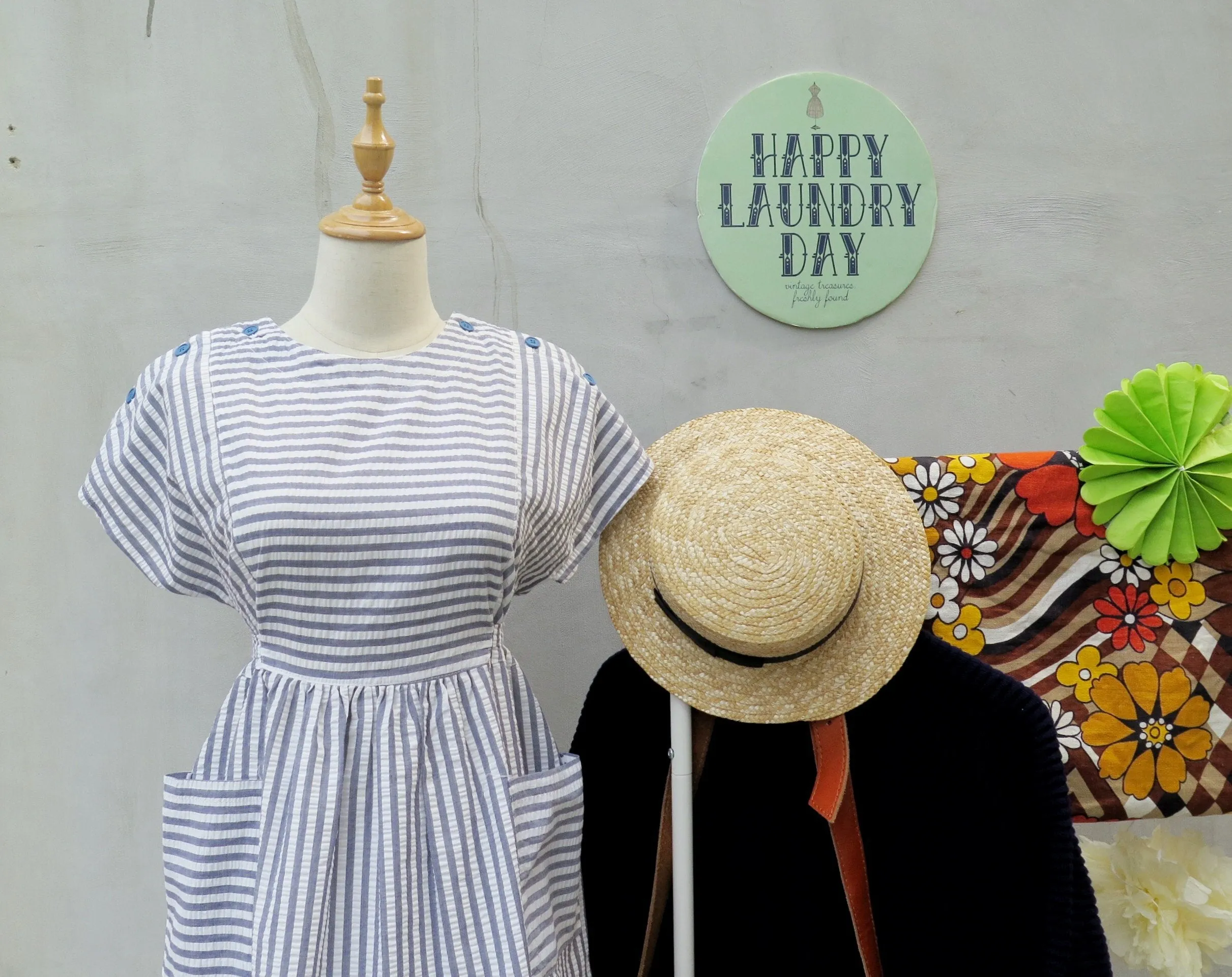 A Greece-O | Vintage 1970s 1980s crepe White blue striped Day Dress