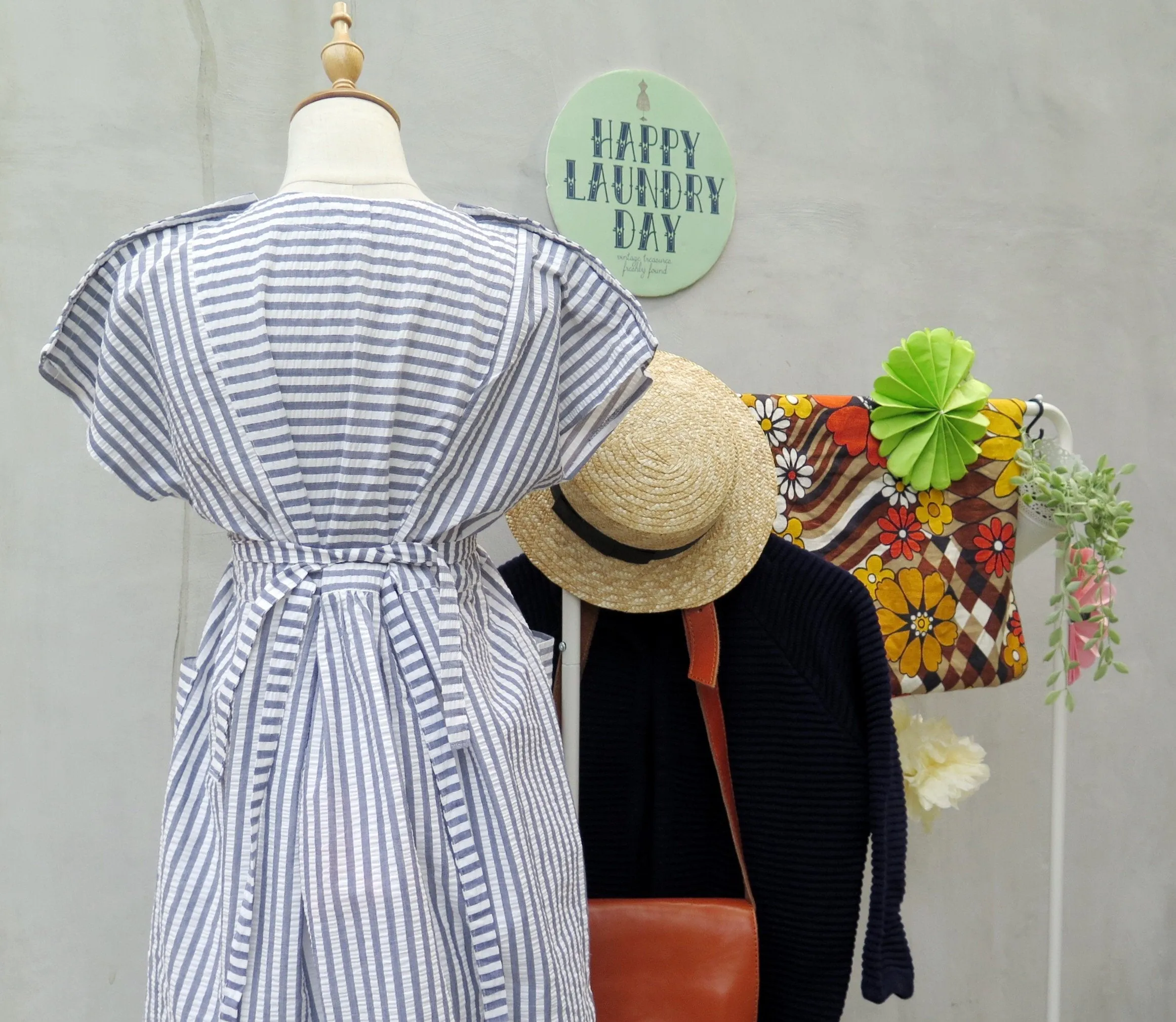 A Greece-O | Vintage 1970s 1980s crepe White blue striped Day Dress
