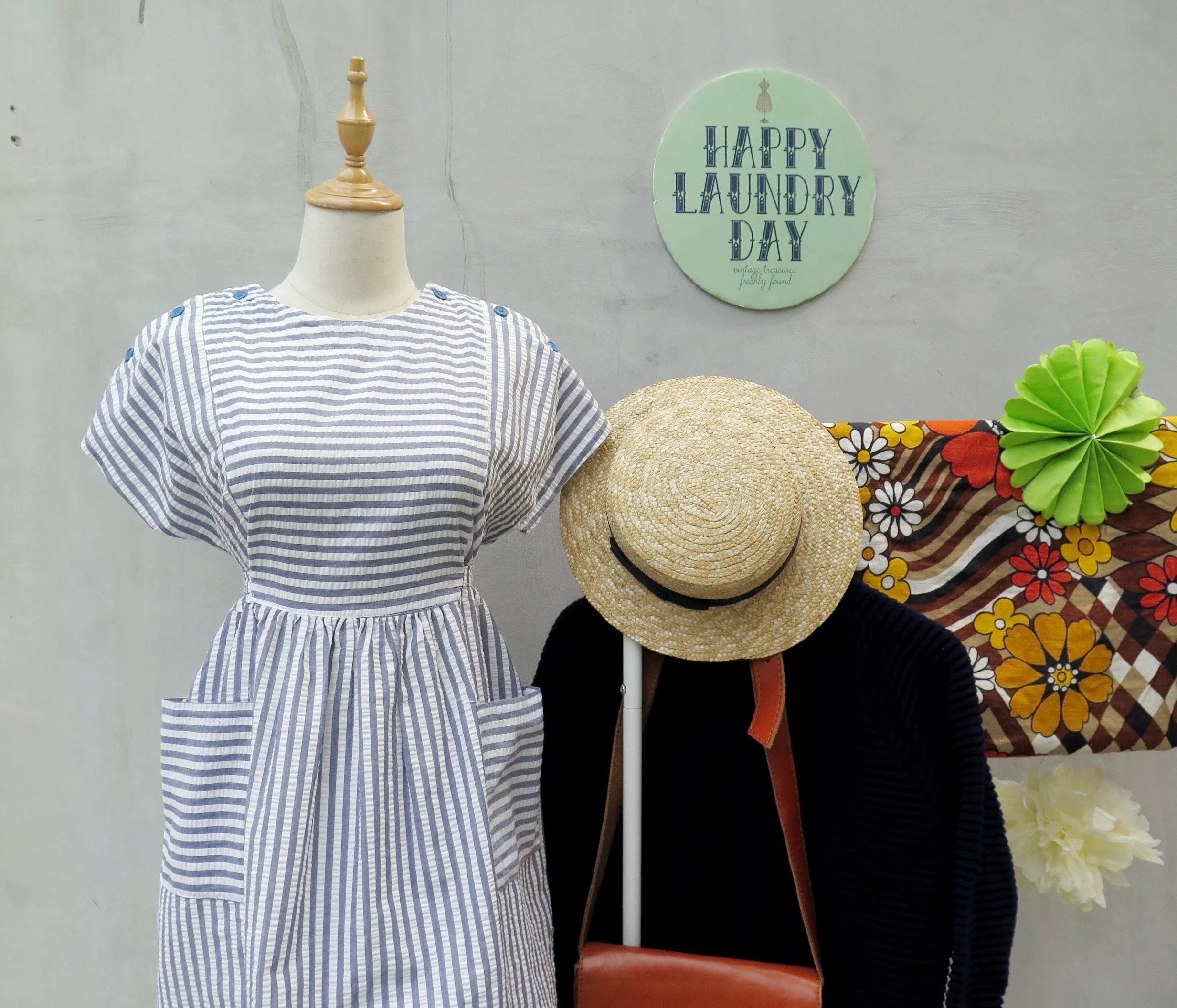 A Greece-O | Vintage 1970s 1980s crepe White blue striped Day Dress