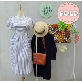 A Greece-O | Vintage 1970s 1980s crepe White blue striped Day Dress