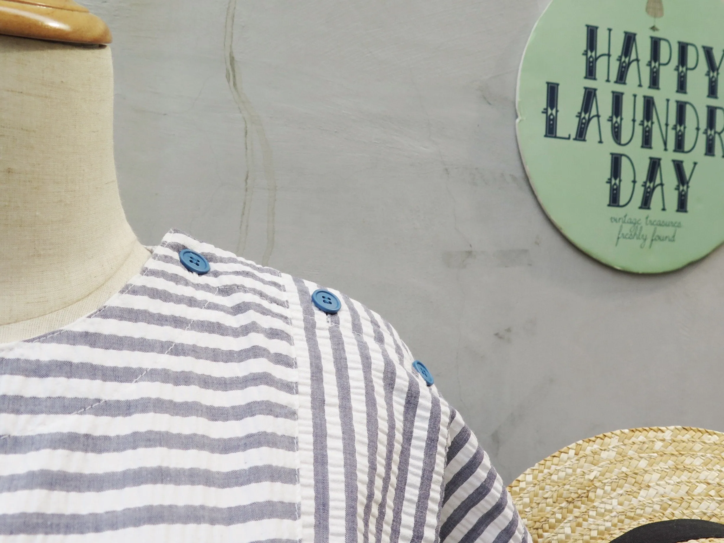 A Greece-O | Vintage 1970s 1980s crepe White blue striped Day Dress