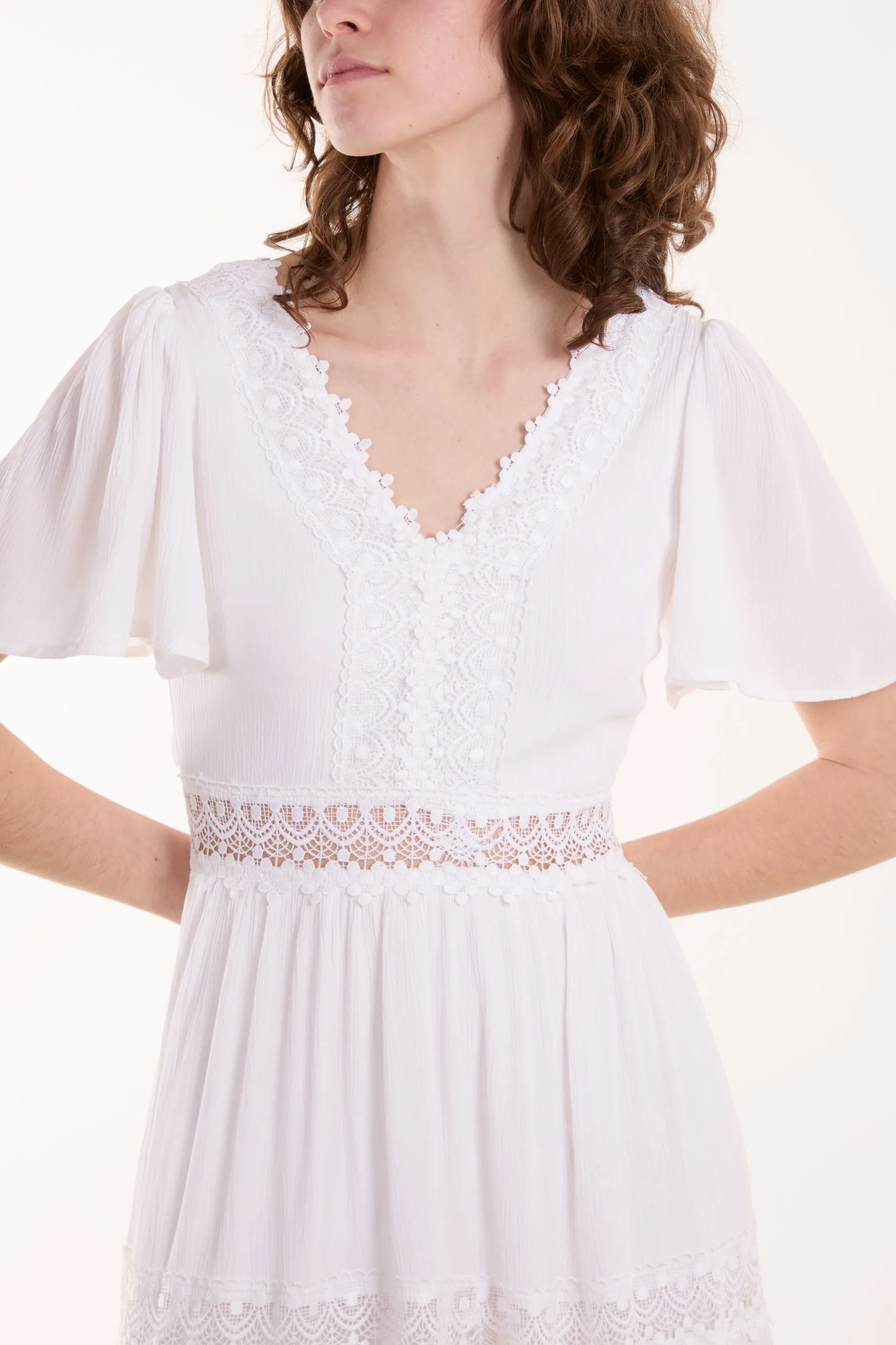 Angel Sleeve Lace Tiered V-Neck Maxi Dress