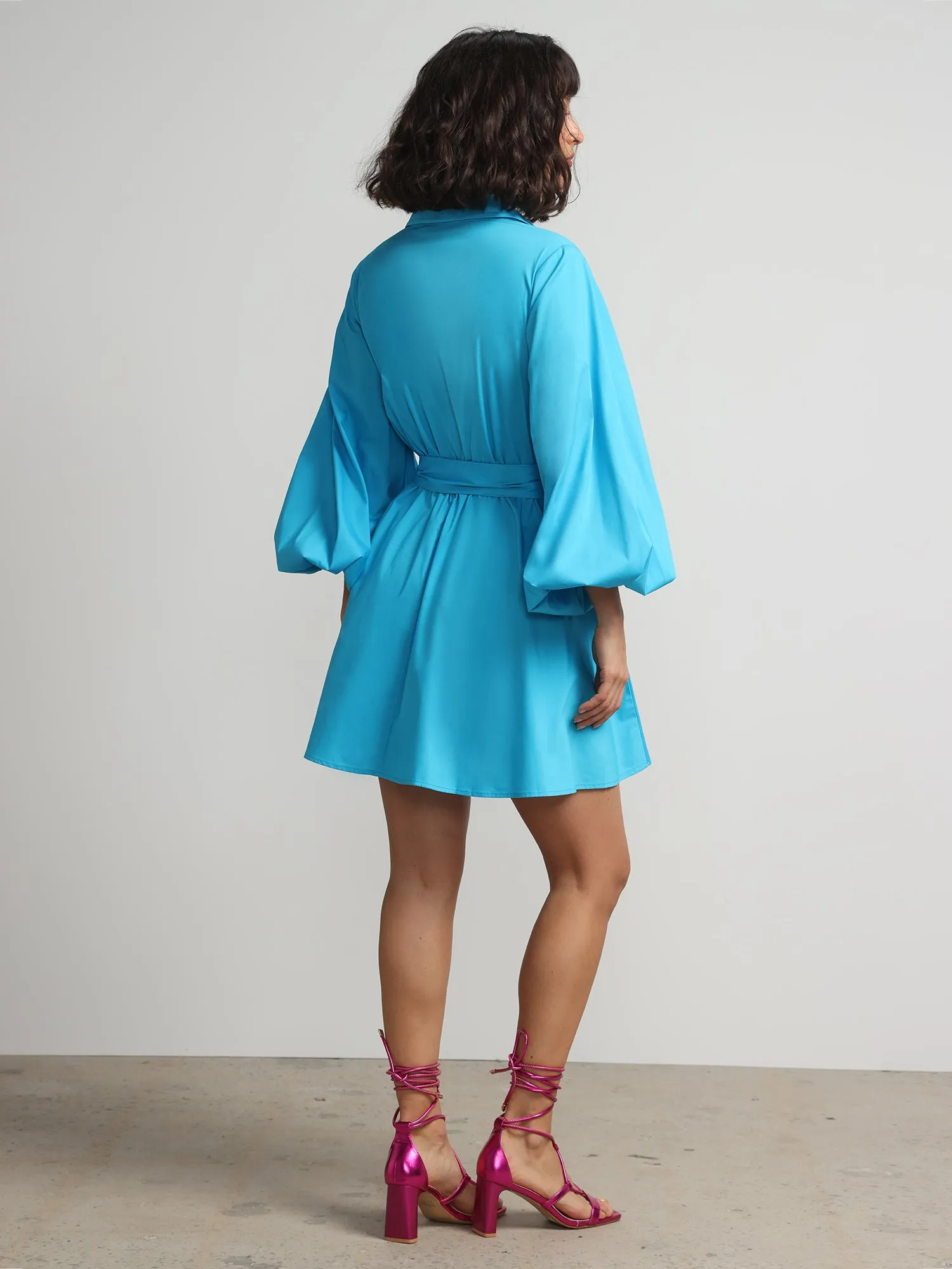 Balloon-Sleeve Waist-Tie Shirt Dress
