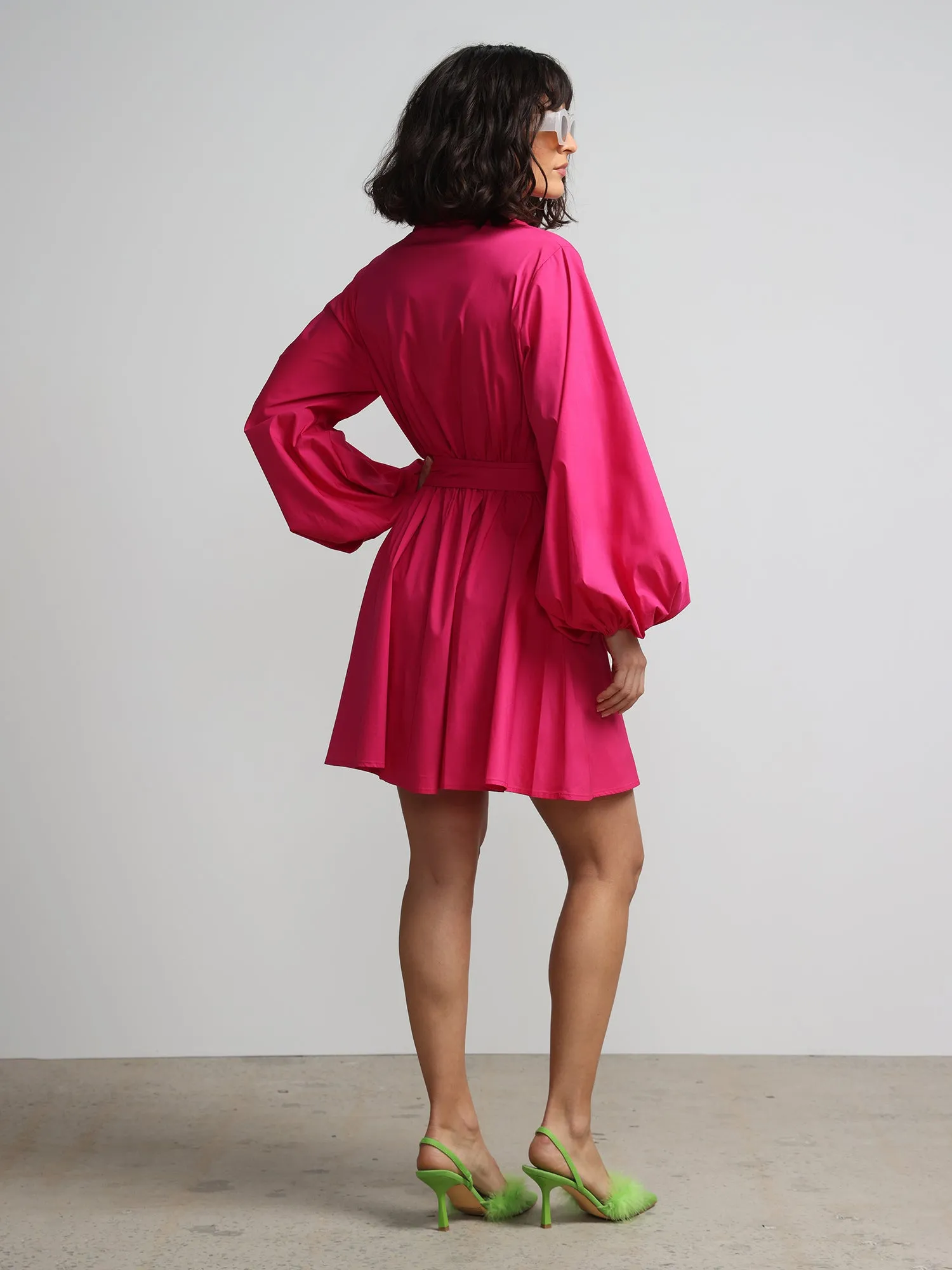 Balloon-Sleeve Waist-Tie Shirt Dress