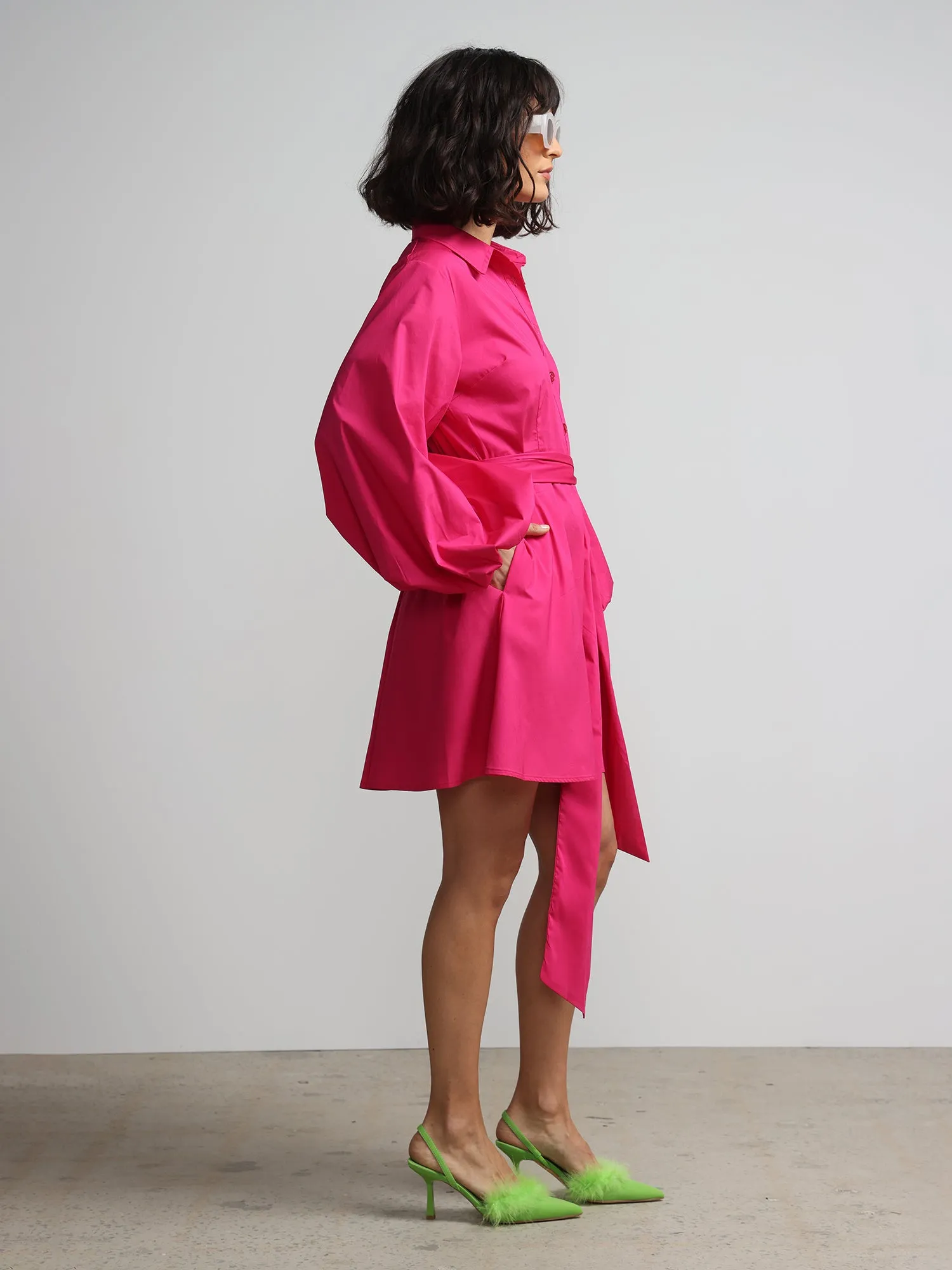 Balloon-Sleeve Waist-Tie Shirt Dress