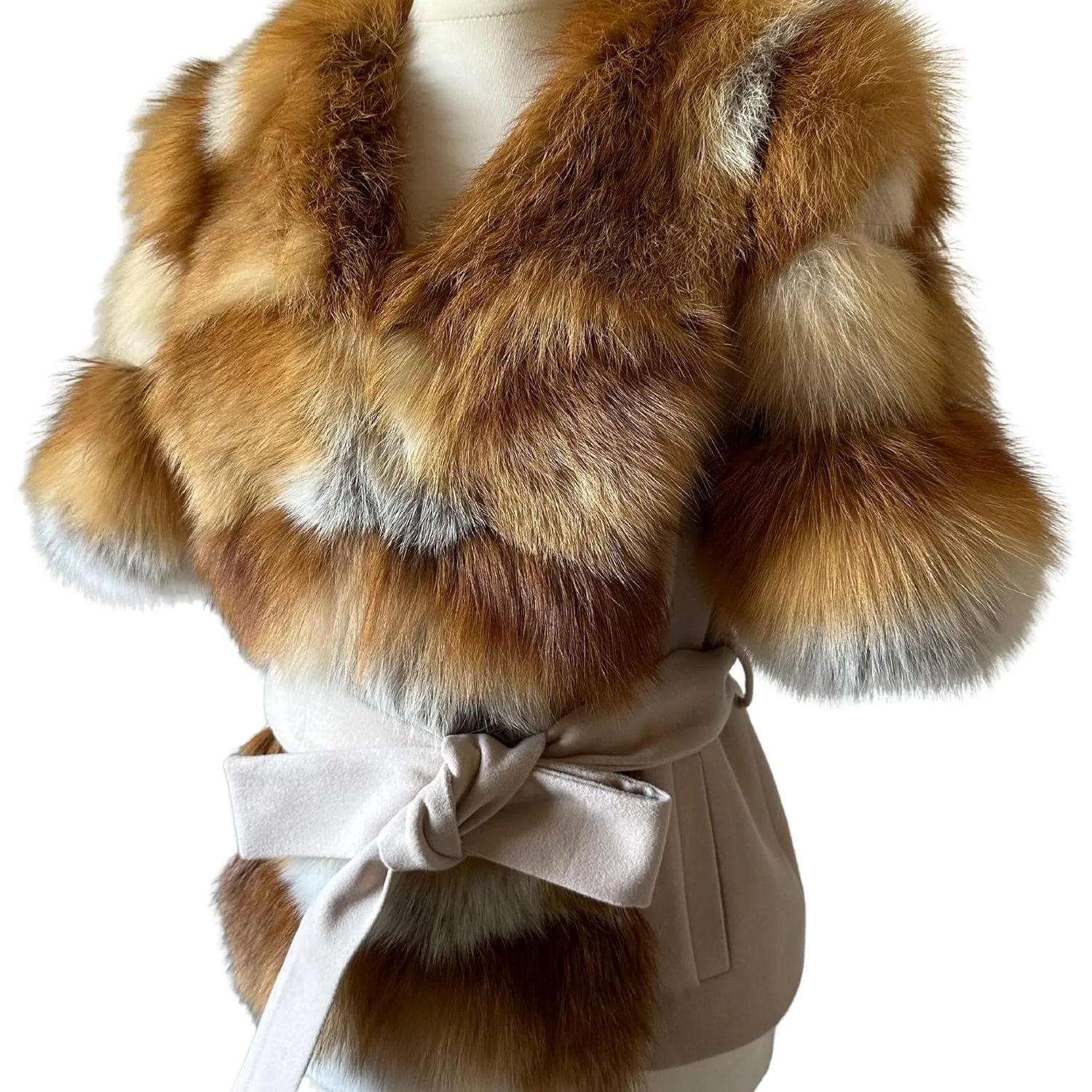 Beige Bolero jacket coat fur fox and cashmere size S-M