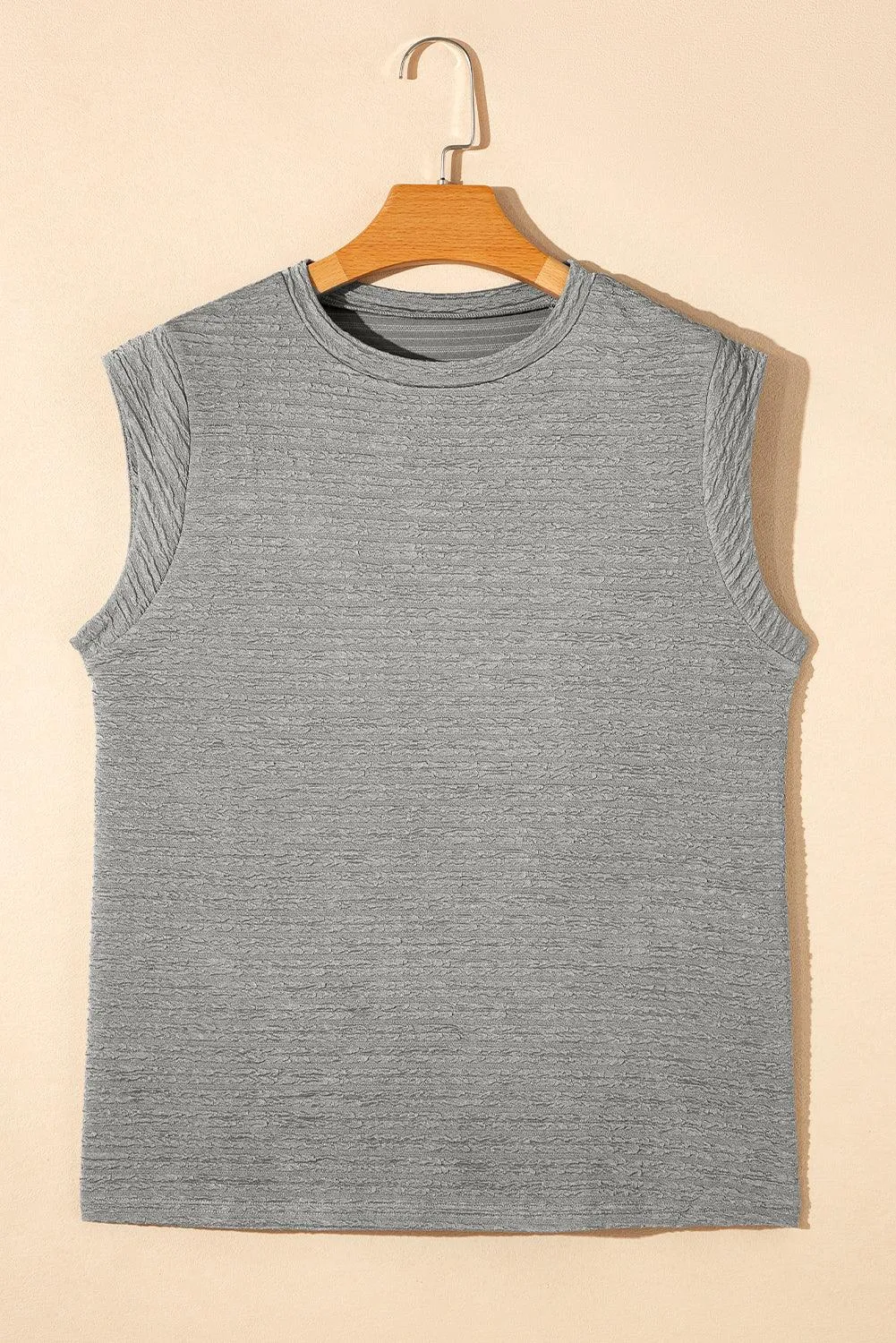 Beige Casual Solid Color Textured Sleeveless Shirt