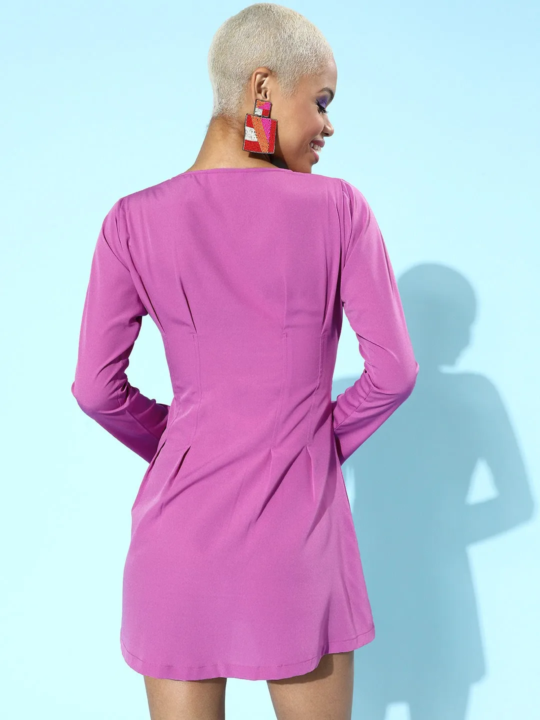 Berrylush Women Solid Purple V-Neck Front Button-Up Flared Mini Shirt Dress