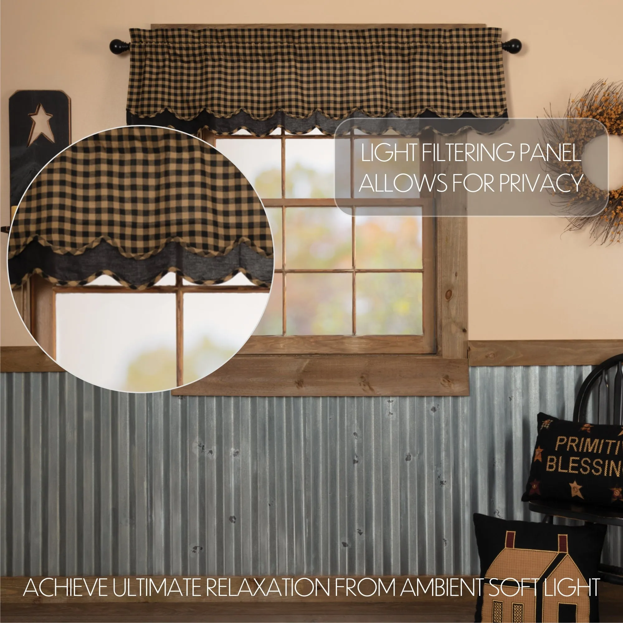 Black Check Scalloped Layered Valance 16x60
