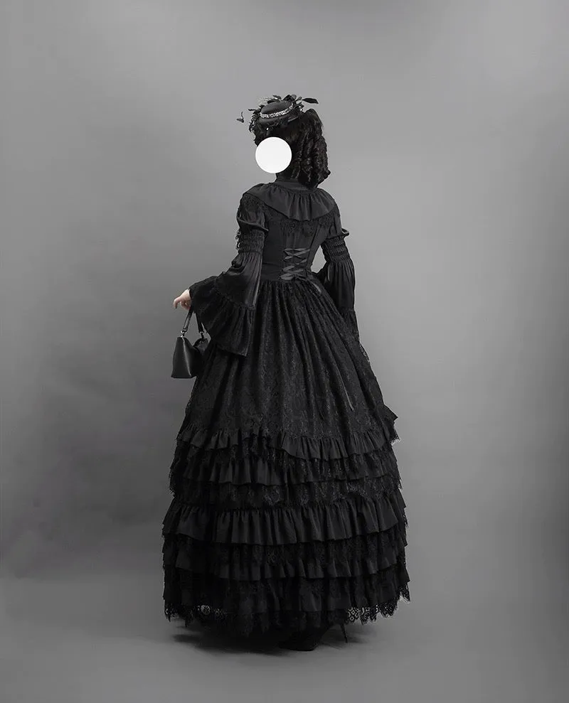 Black Gothic Lolita Ball Gown - Victorian-Inspired Layered Tulle Ruffle Dress Plus Size