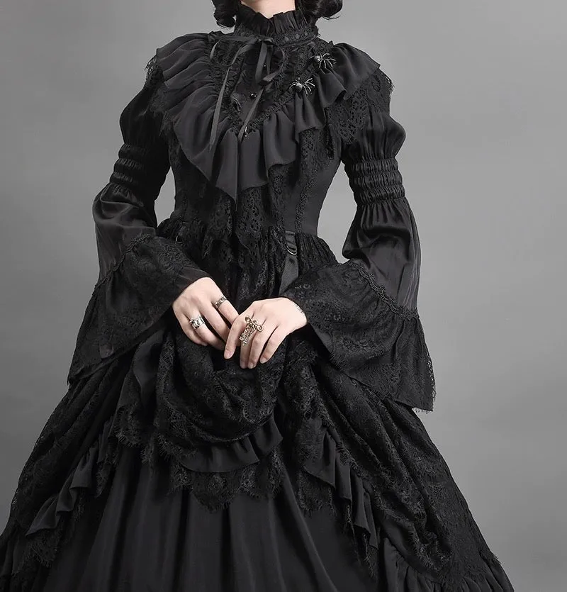Black Gothic Lolita Ball Gown - Victorian-Inspired Layered Tulle Ruffle Dress Plus Size