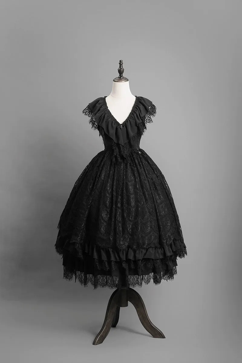 Black Gothic Lolita Ball Gown - Victorian-Inspired Layered Tulle Ruffle Dress Plus Size