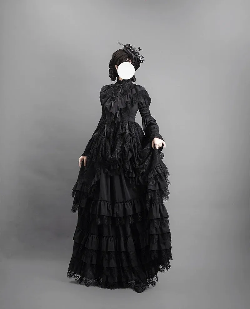 Black Gothic Lolita Ball Gown - Victorian-Inspired Layered Tulle Ruffle Dress Plus Size