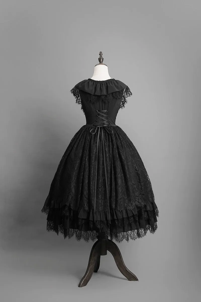 Black Gothic Lolita Ball Gown - Victorian-Inspired Layered Tulle Ruffle Dress Plus Size