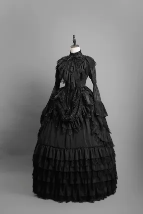Black Gothic Lolita Ball Gown - Victorian-Inspired Layered Tulle Ruffle Dress Plus Size