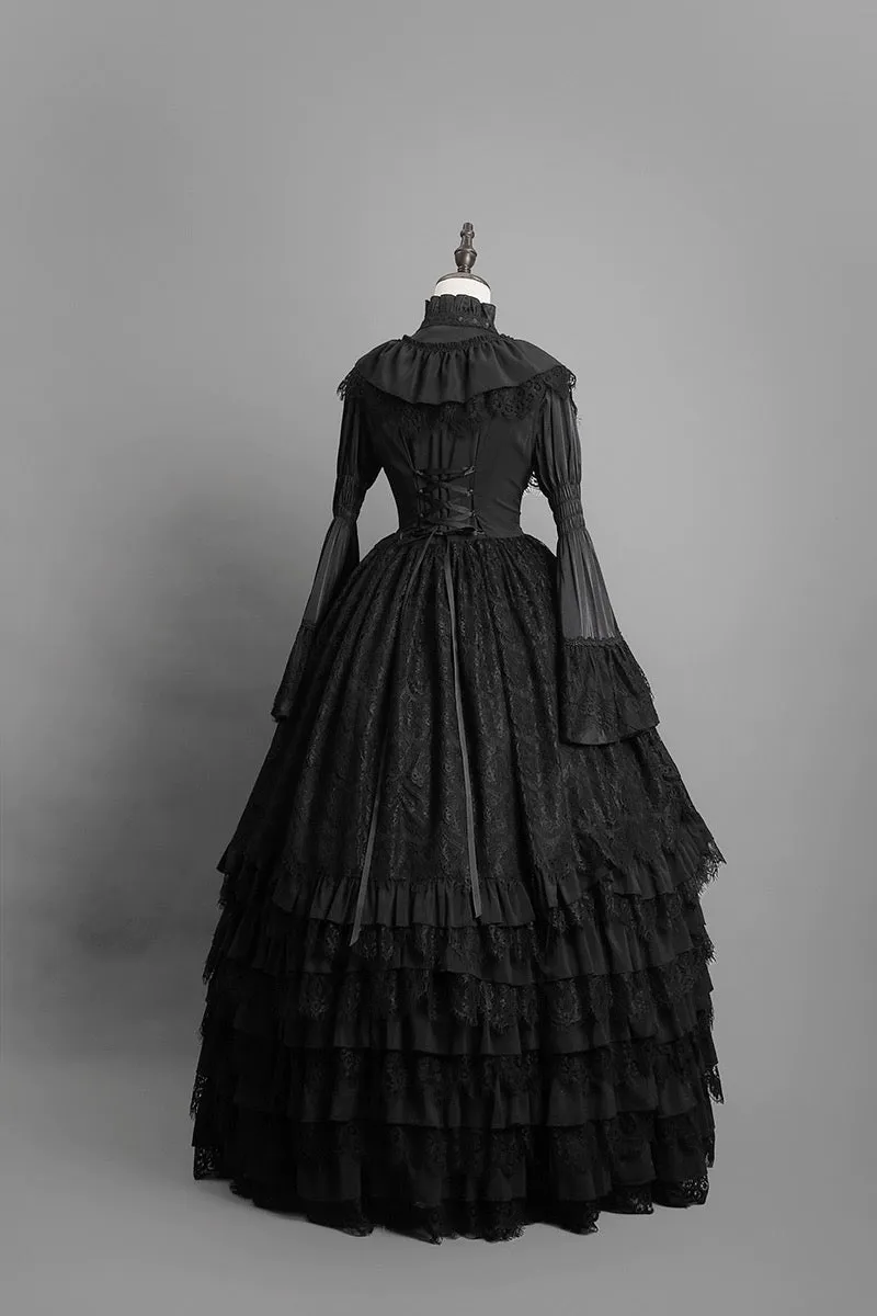 Black Gothic Lolita Ball Gown - Victorian-Inspired Layered Tulle Ruffle Dress Plus Size