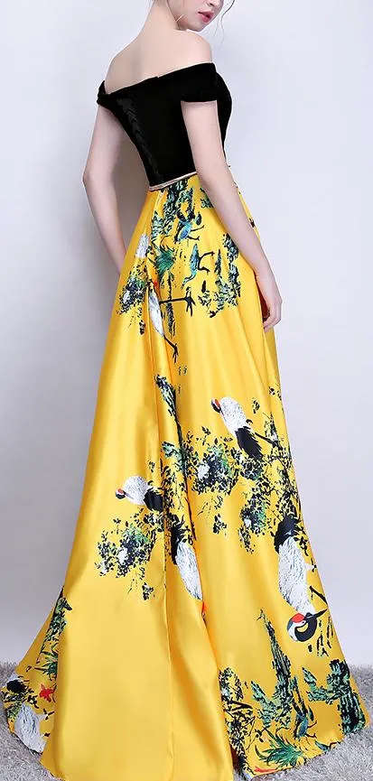 Black Off-the-Shoulder Print Yellow Maxi Dress