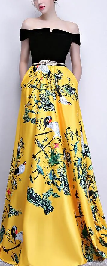 Black Off-the-Shoulder Print Yellow Maxi Dress