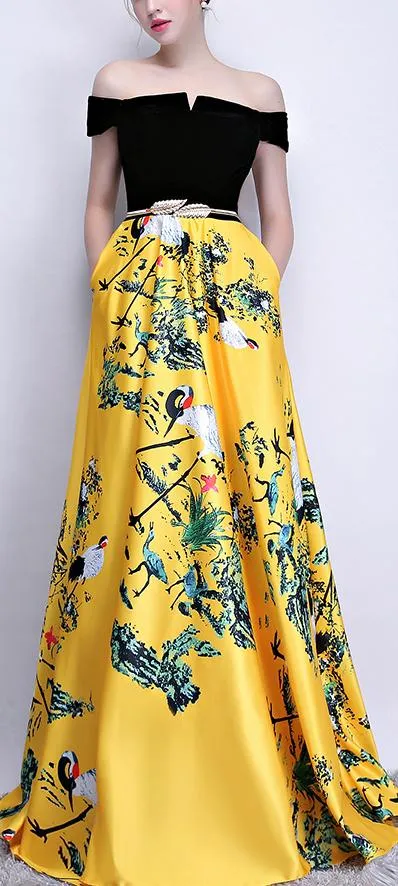 Black Off-the-Shoulder Print Yellow Maxi Dress