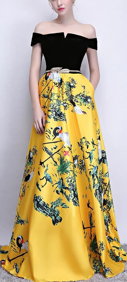 Black Off-the-Shoulder Print Yellow Maxi Dress