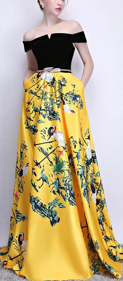 Black Off-the-Shoulder Print Yellow Maxi Dress