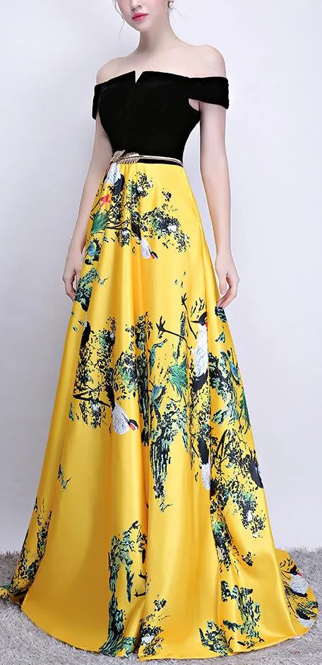 Black Off-the-Shoulder Print Yellow Maxi Dress