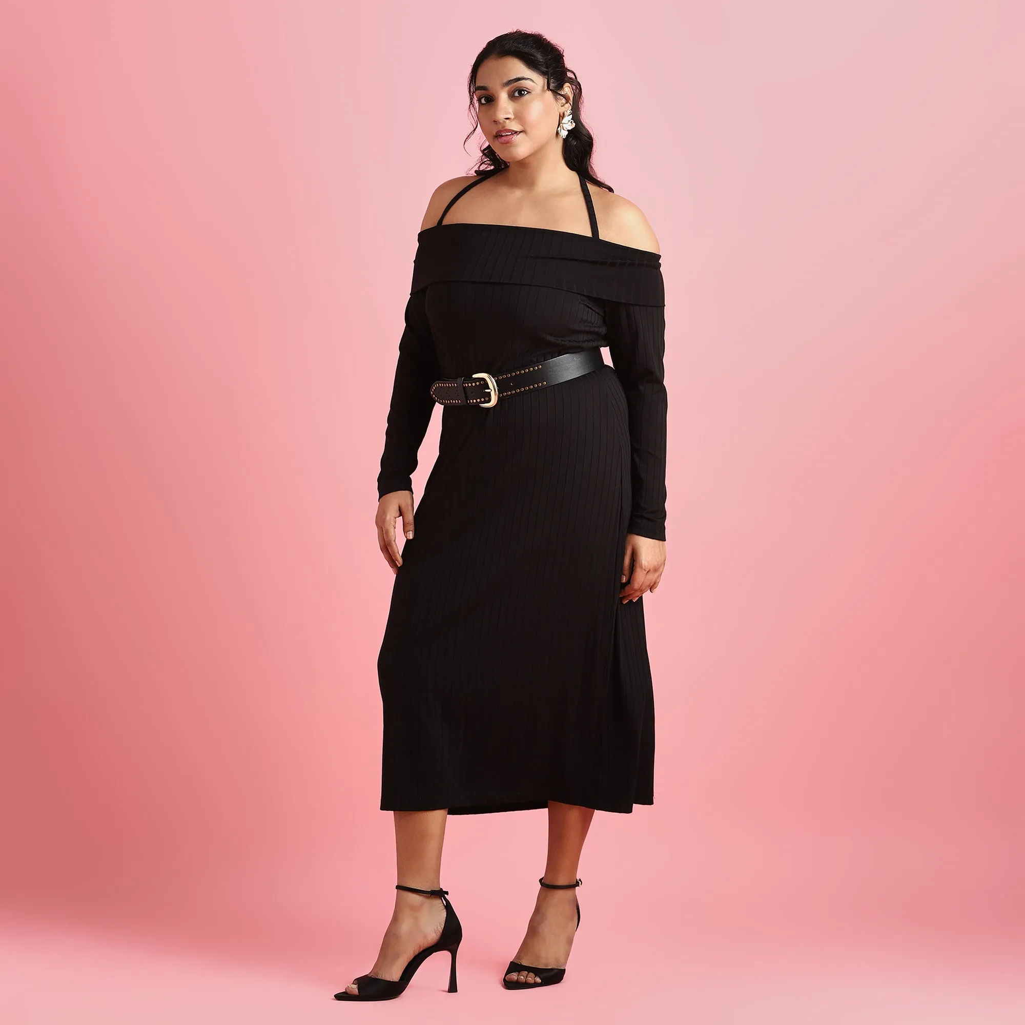 Black Rib Plus Size Off-Shoulder Bodycon Dress