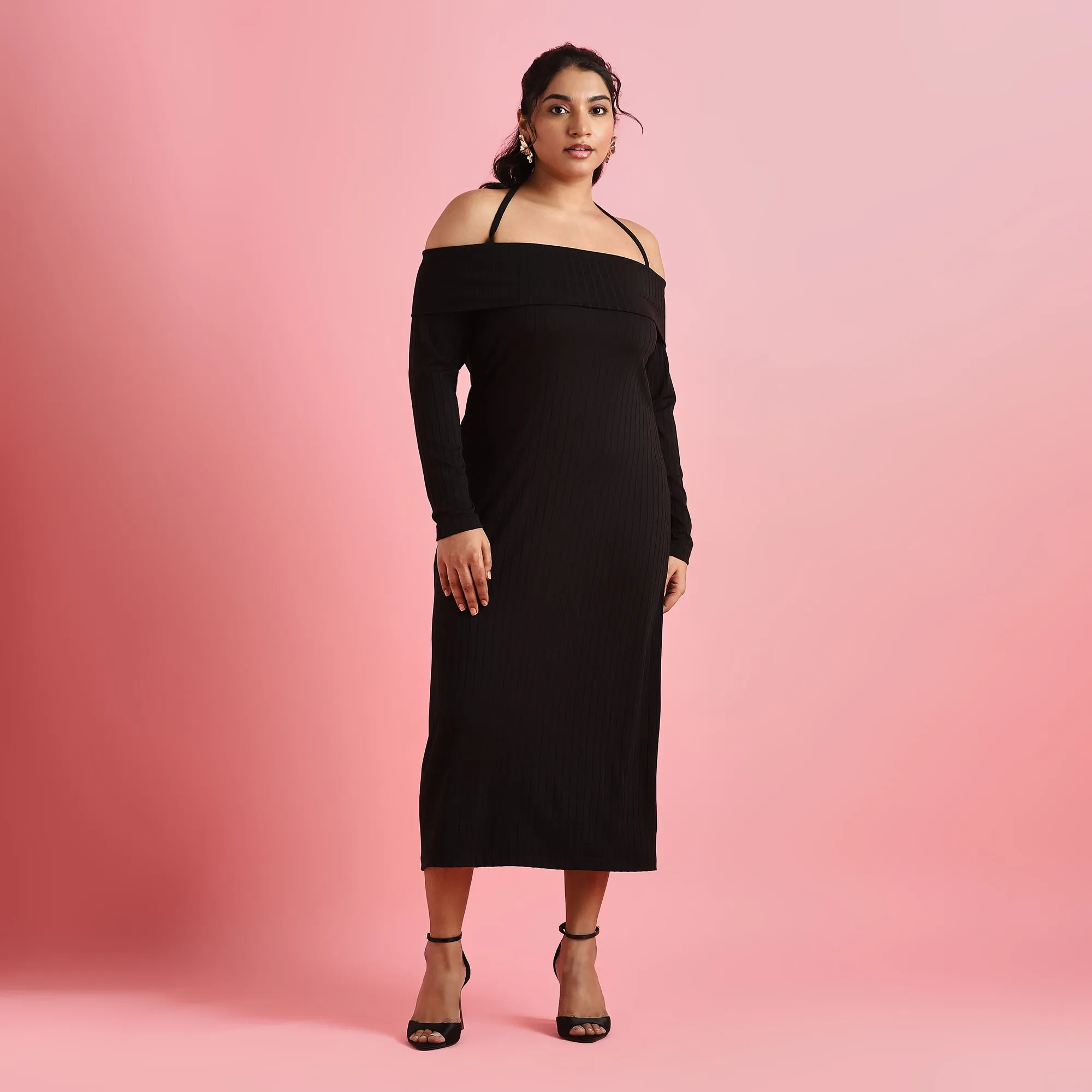Black Rib Plus Size Off-Shoulder Bodycon Dress