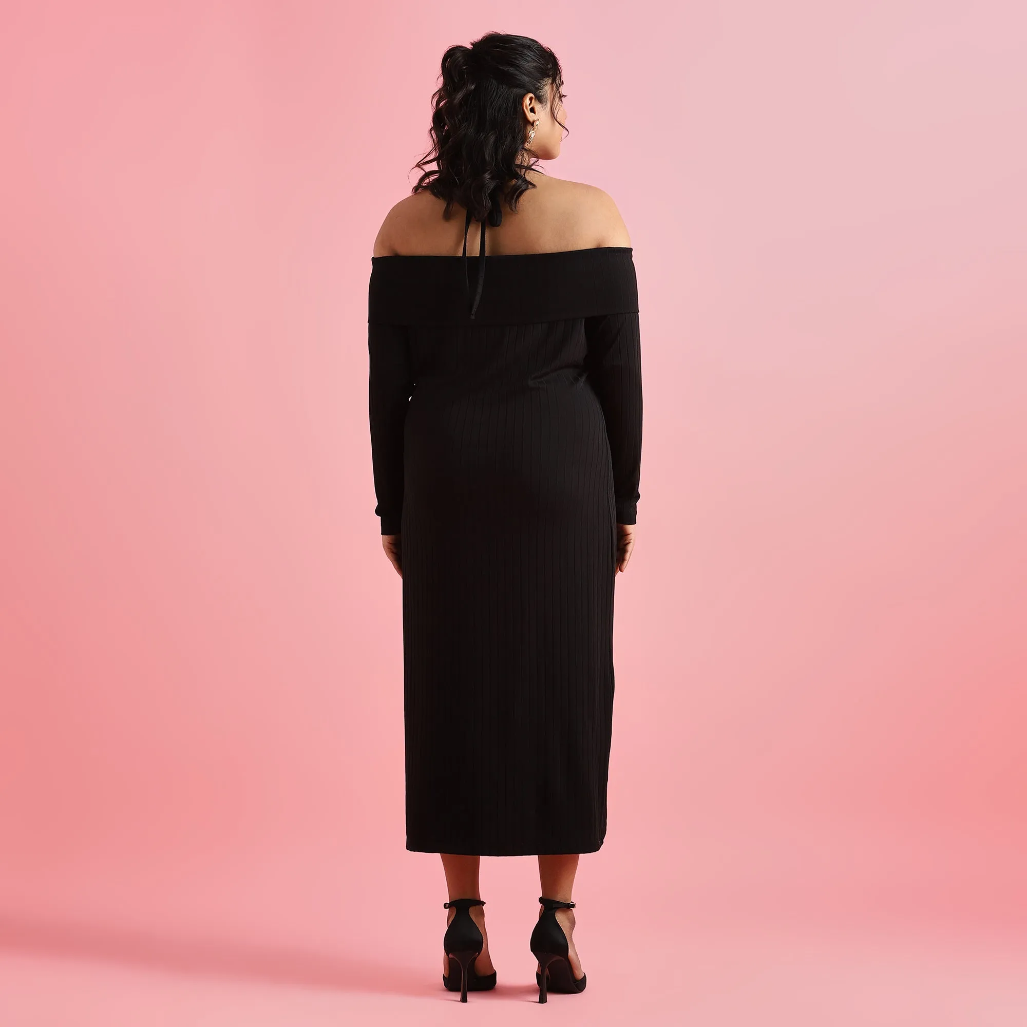 Black Rib Plus Size Off-Shoulder Bodycon Dress