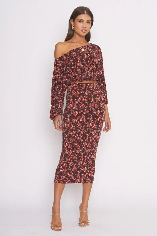 Black Rust Floral Print Skirt