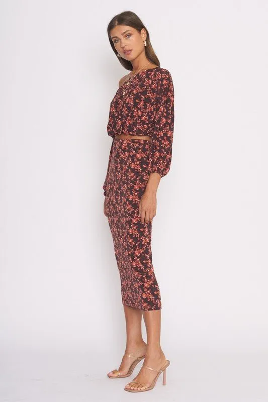 Black Rust Floral Print Skirt