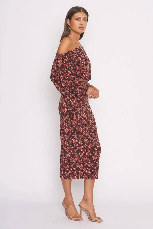 Black Rust Floral Print Skirt