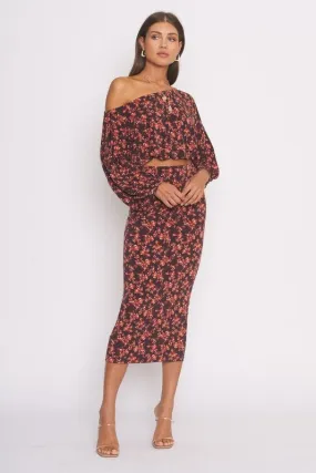 Black Rust Floral Print Skirt