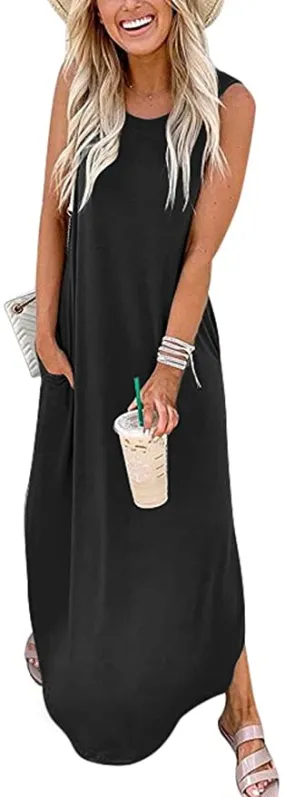 Black Women's Casual Loose Long Sleeveless Sundress with Pockets - ANRABESS