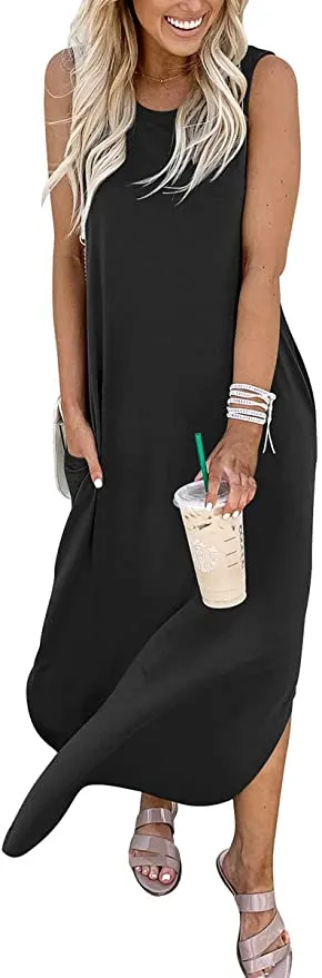 Black Women's Casual Loose Long Sleeveless Sundress with Pockets - ANRABESS