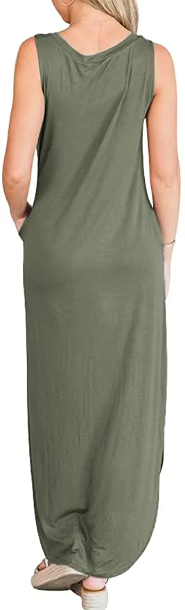 Black Women's Casual Loose Long Sleeveless Sundress with Pockets - ANRABESS