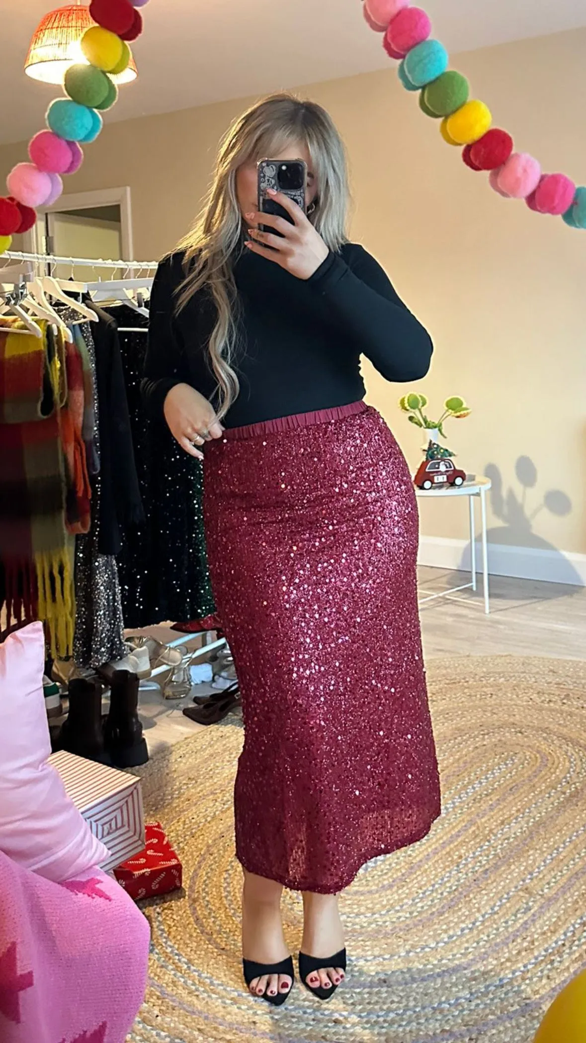 Burgundy Sequin Pull on Midi Skirt