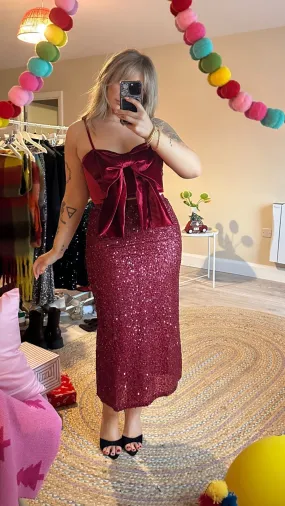 Burgundy Sequin Pull on Midi Skirt