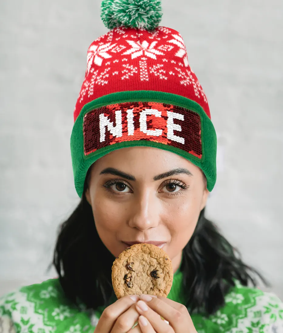 Christmas Naughty or Nice Changeable Sequin Snowflake Red Pom Beanie Hat