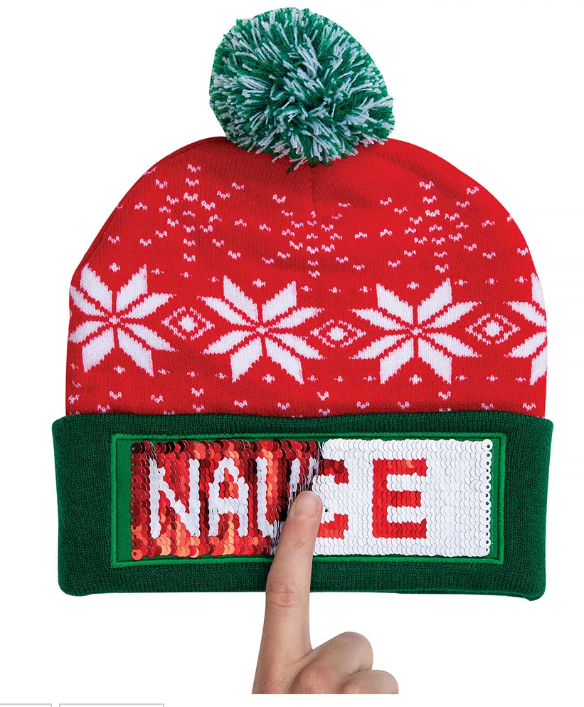 Christmas Naughty or Nice Changeable Sequin Snowflake Red Pom Beanie Hat
