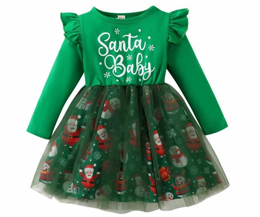 Christmas Snowflake Long Sleeve Letter Mesh Fluffy Stitching Dress