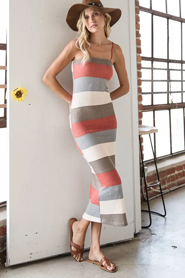 Color-Block Ribbed Bodycon Long Dress