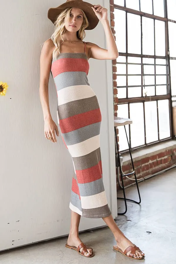 Color-Block Ribbed Bodycon Long Dress