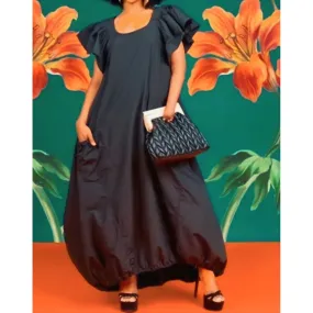 Comfortable Balloon Maxi Dress with Pleated Sleeves