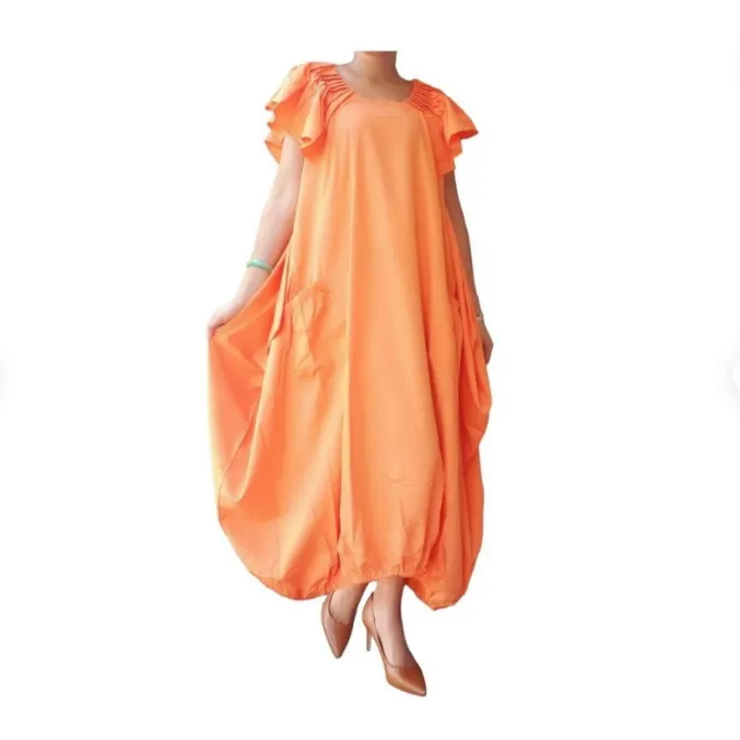 Comfortable Balloon Maxi Dress with Pleated Sleeves